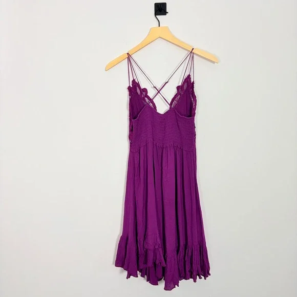 Free People Adella Tiered Slip Boho Dress Purple Crochet Lace Ruffle Mini Medium - Picture 7 of 7